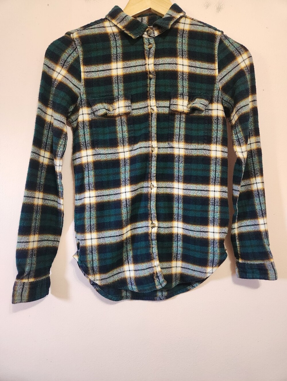 American Eagle Ahh-Mazingly Soft Slim Fit Green Plaid Flannel Shirt Grunge XS